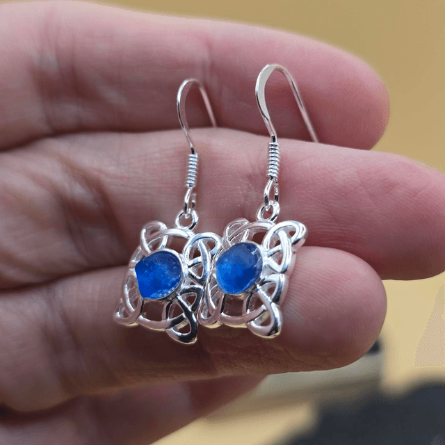 925 Drop Earrings with Seaglass – Celtic Rectangle Design