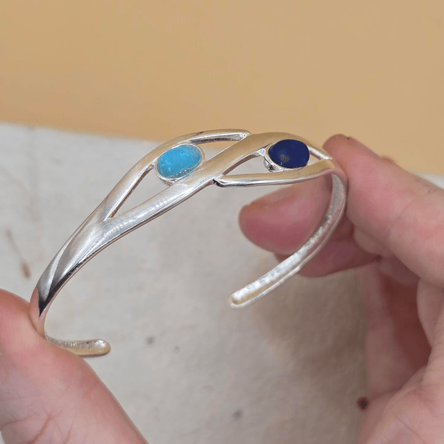 925 Unique Twisted Open Bangle with two Unusual Scottish Seaglass Pieces (Small Adult)