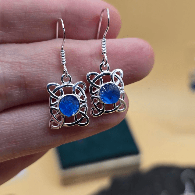 925 Drop Earrings with Seaglass – Celtic Rectangle Design