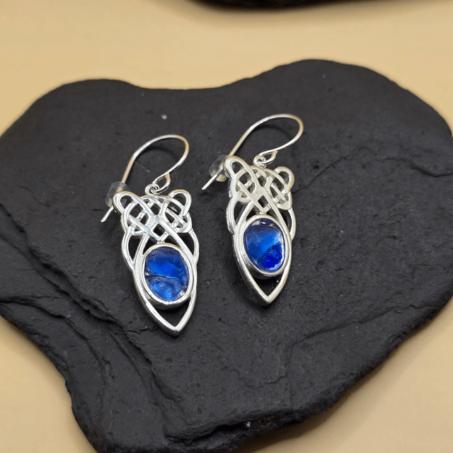 925 Celtic Knot Earrings – Blue Seaglass (Large Dangle)