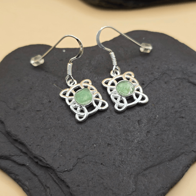 925 Drop Earrings with Seaglass – Celtic Rectangle Design