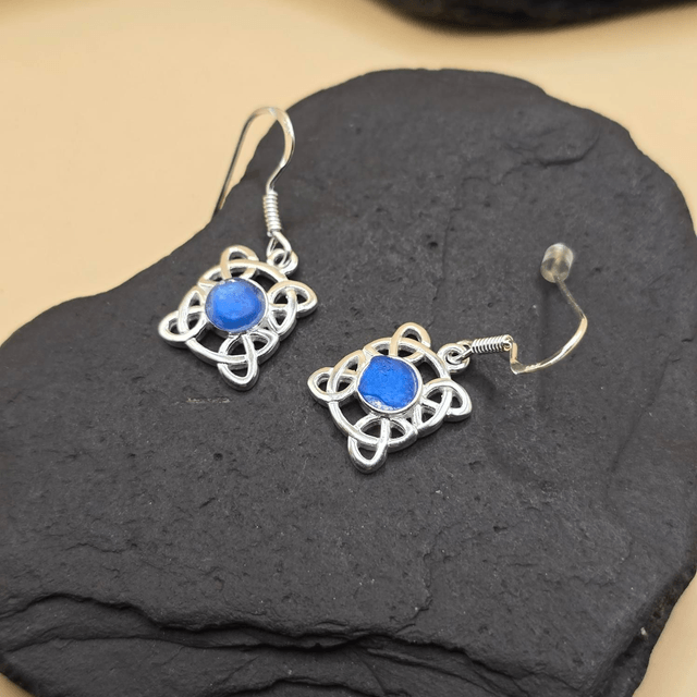 925 Drop Earrings with Seaglass – Celtic Rectangle Design