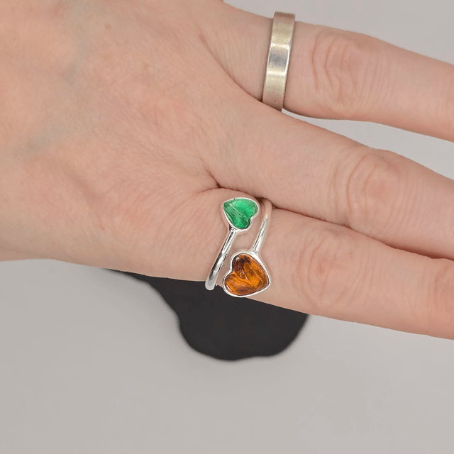 925 Double Heart Ring with Sterling Silver and Berwickshire Seaglass & Garnets