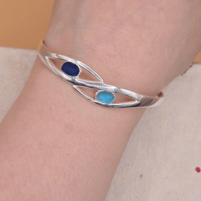 925 Unique Twisted Open Bangle with two Unusual Scottish Seaglass Pieces (Small Adult)