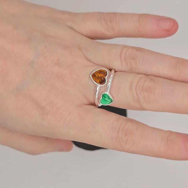 925 Double Heart Ring with Sterling Silver and Berwickshire Seaglass & Garnets