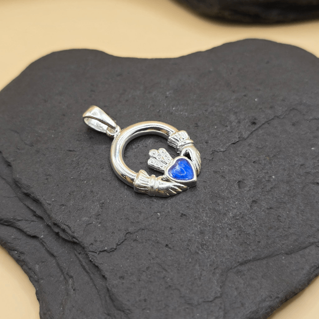 925 Sterling Silver Claddagh Heart Pendant – Blue Seaglass (“Something Blue” Collection)