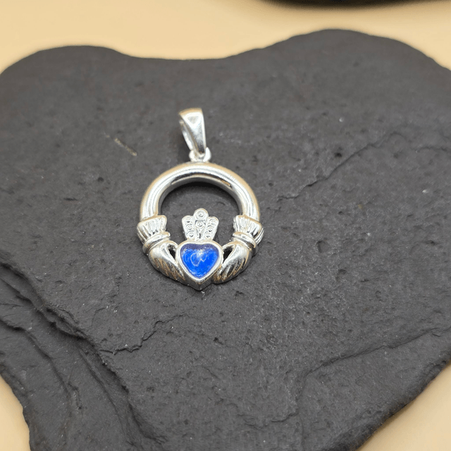 925 Sterling Silver Claddagh Heart Pendant – Blue Seaglass (“Something Blue” Collection)