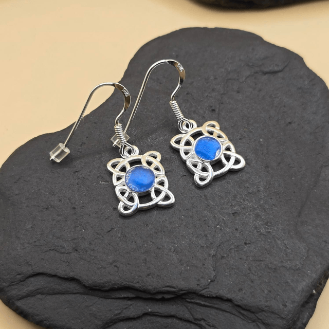 925 Drop Earrings with Seaglass – Celtic Rectangle Design