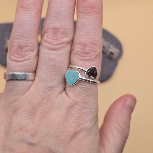 925 Double Heart Ring with Sterling Silver and Berwickshire Seaglass & Garnets