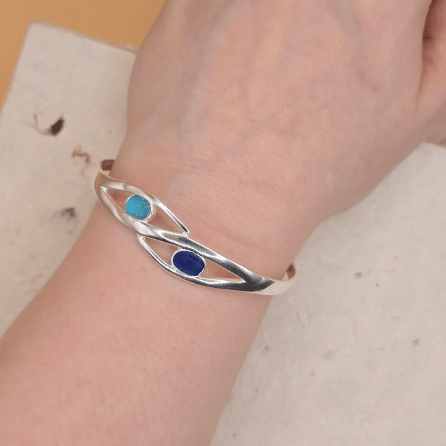 925 Unique Twisted Open Bangle with two Unusual Scottish Seaglass Pieces (Small Adult)
