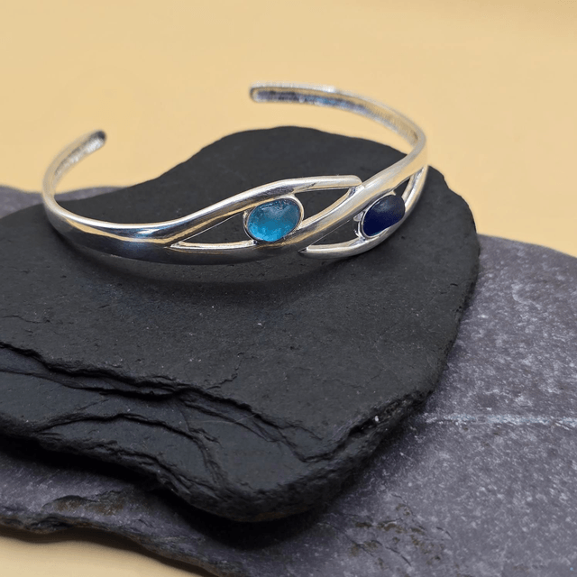 925 Unique Twisted Open Bangle with two Unusual Scottish Seaglass Pieces (Small Adult)