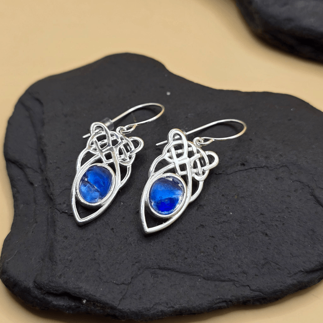 925 Celtic Knot Earrings – Blue Seaglass (Large Dangle)