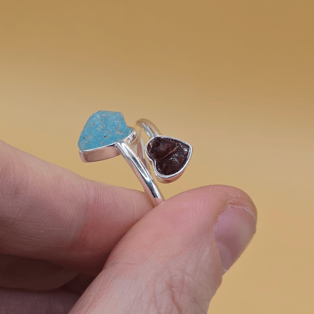 925 Double Heart Ring with Sterling Silver and Berwickshire Seaglass & Garnets