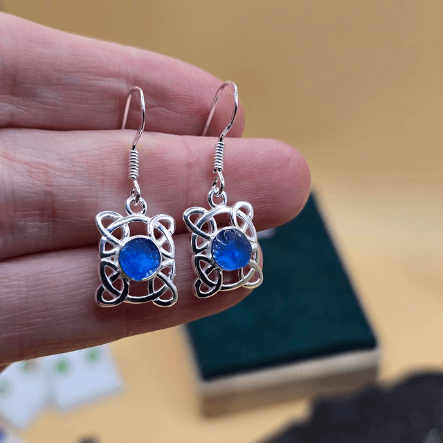 925 Drop Earrings with Seaglass – Celtic Rectangle Design
