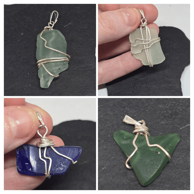 925 Cove Harbour Seaglass Wrapped Wire Sterling Silver Pendants